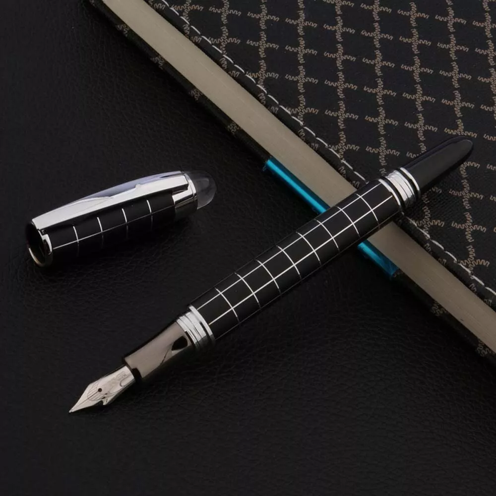 Baoer 79 Starwalker Cross Line Fountain Pen Silver Trim Checked – Medium Nib, Smooth Writing for Office Use