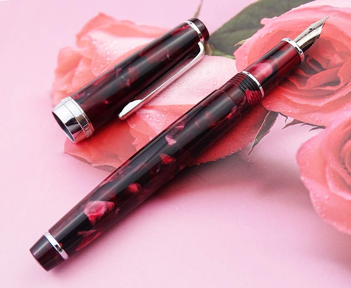 Delike Fountain Pen Fine Nib Burgundy Marble Celluloid with Converter and Gift Box Set, Newmoon Series