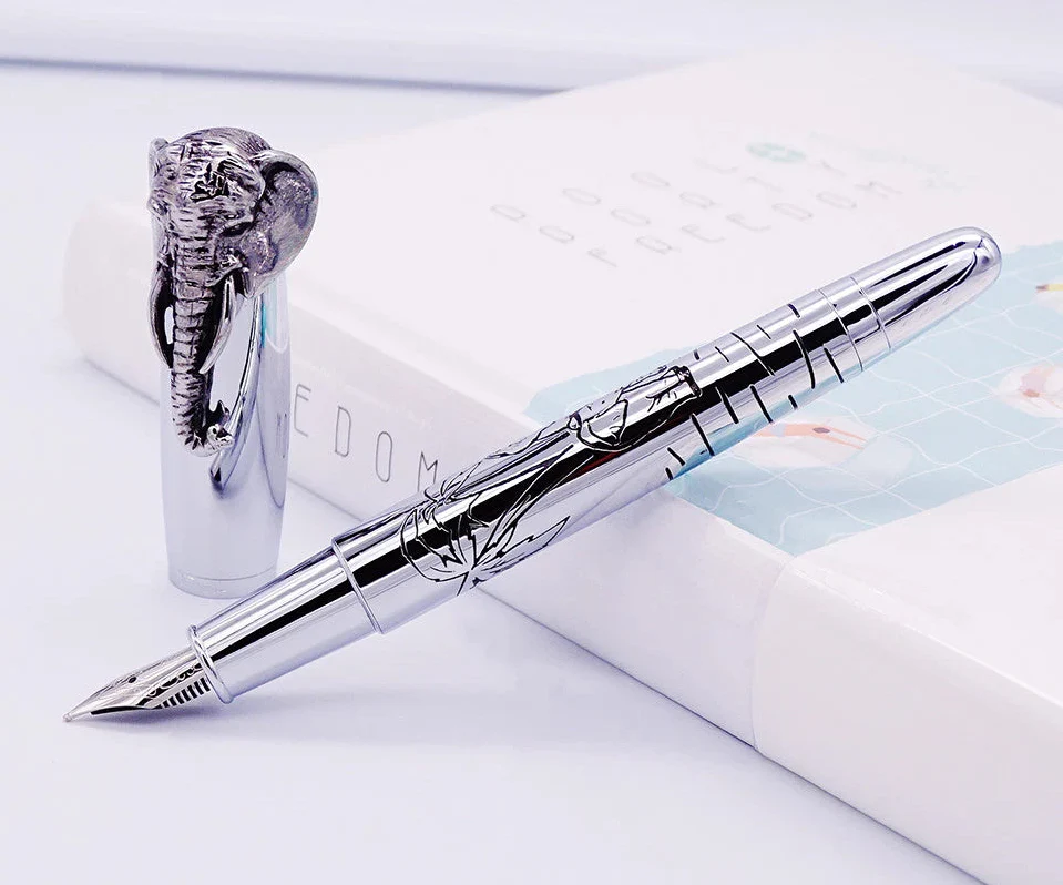 Fuliwen Elephant Cap Fountain Pen-Medium 0.7mm Nib, Push Cap, Vintage Metal 135mm Writing Pen for Office School Gifts