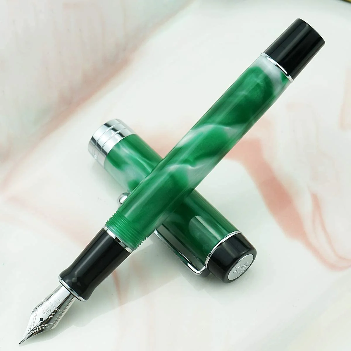 Jinhao 100 Classic Fountain Pen Celluloid Silver Clip, Fine Nib with Converter, Green White