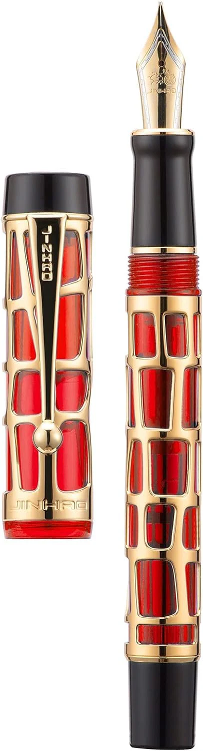 Jinhao 100 Skeleton Series Fountain Pen – Gold Abstract Metal Cage Design, Red Resin with Medium Nib, Includes Converter