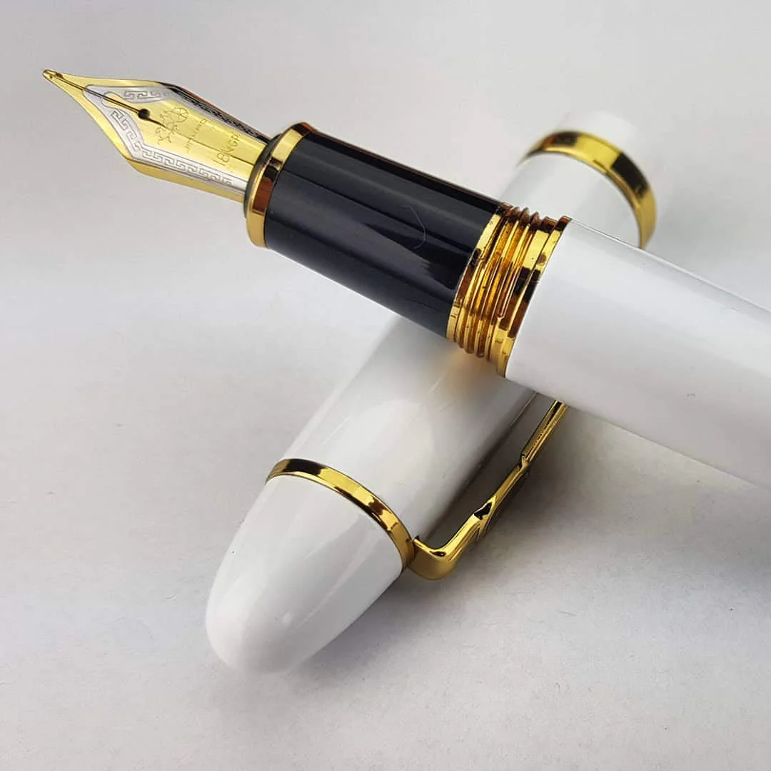 Jinhao 159 Heavyweight Signature Fountain Pen – Shiny White with Gold Trims, Streamlined Design, Medium Nib & Ink Converter - Image 4