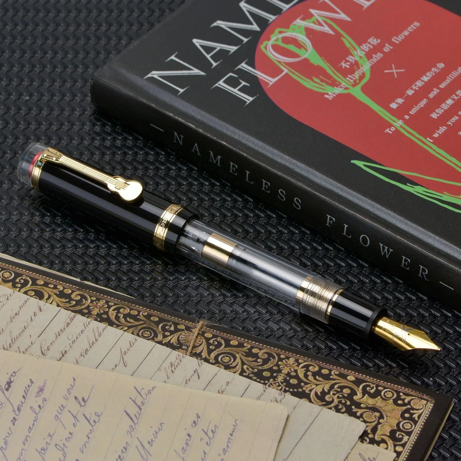 Jinhao 1935 Tiandao Series Fountain Pen – Black & Clear Acrylic Body, Dualtone Fine Nib, Gold Guitar Clip With Large Converter