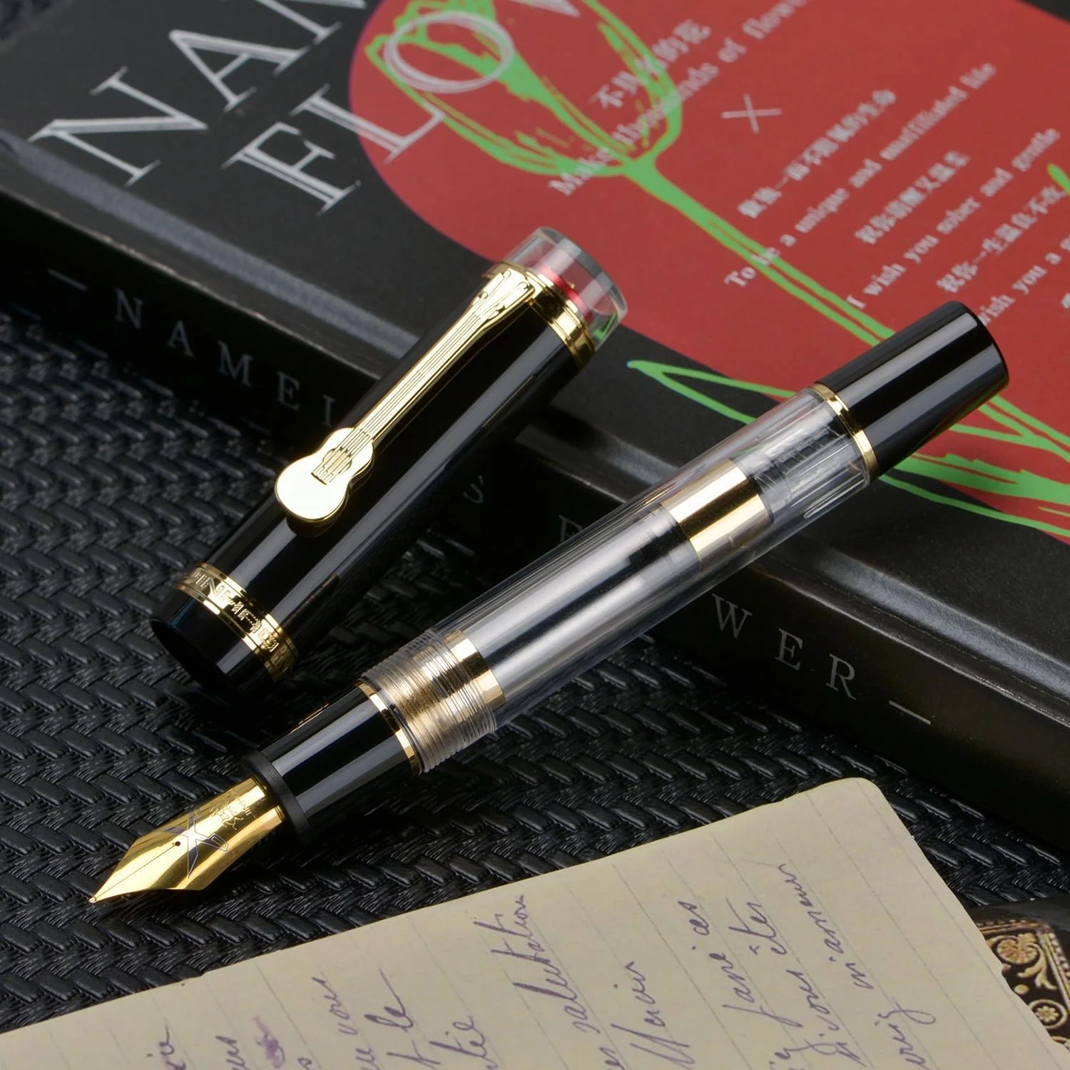 Jinhao 1935 Tiandao Series Fountain Pen – Black & Clear Acrylic Body, Dualtone Fine Nib, Gold Guitar Clip With Large Converter - Image 3