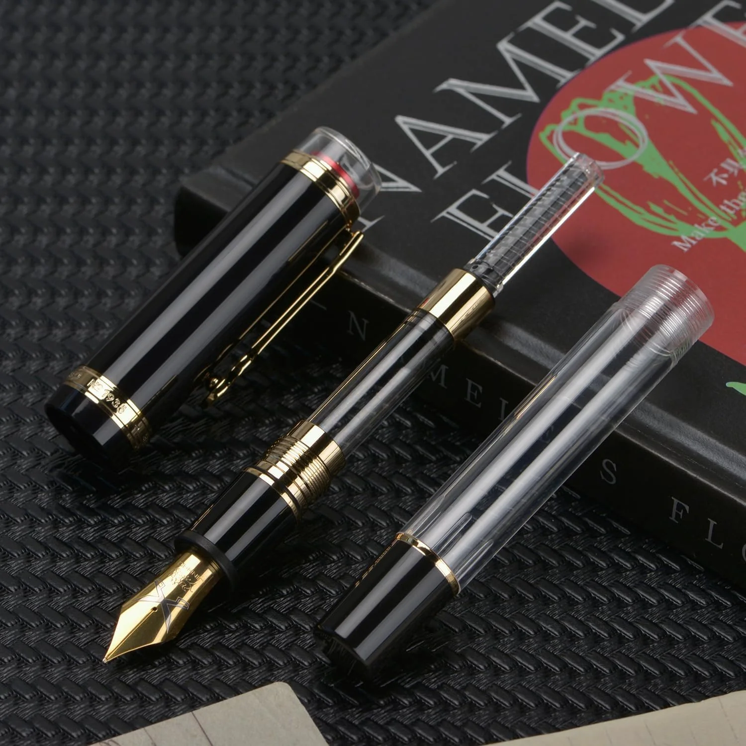 Jinhao 1935 Tiandao Series Fountain Pen – Black & Clear Acrylic Body, Dualtone Fine Nib, Gold Guitar Clip With Large Converter - Image 4