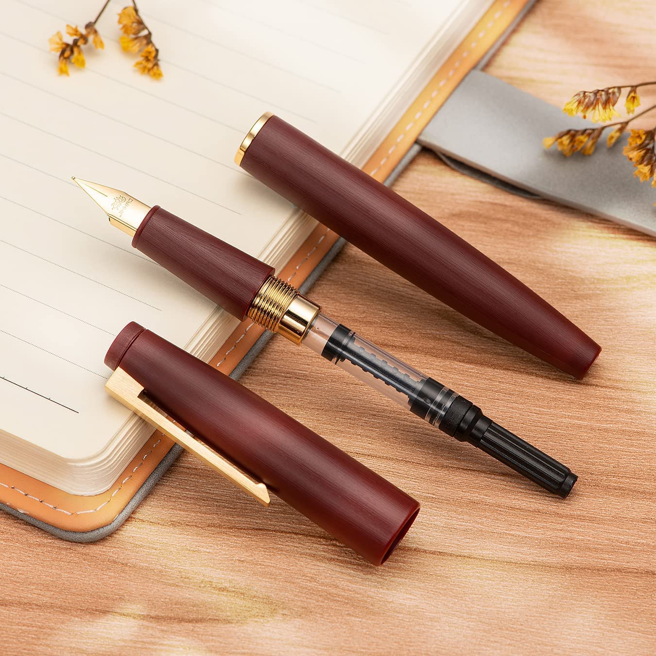 Jinhao 80 Maroon Fiber Brushed Fountain Pen, Iridium Extra Fine and Fine Gold Nib with Ink Converter and Pen Set (Gold Clip) - Image 2
