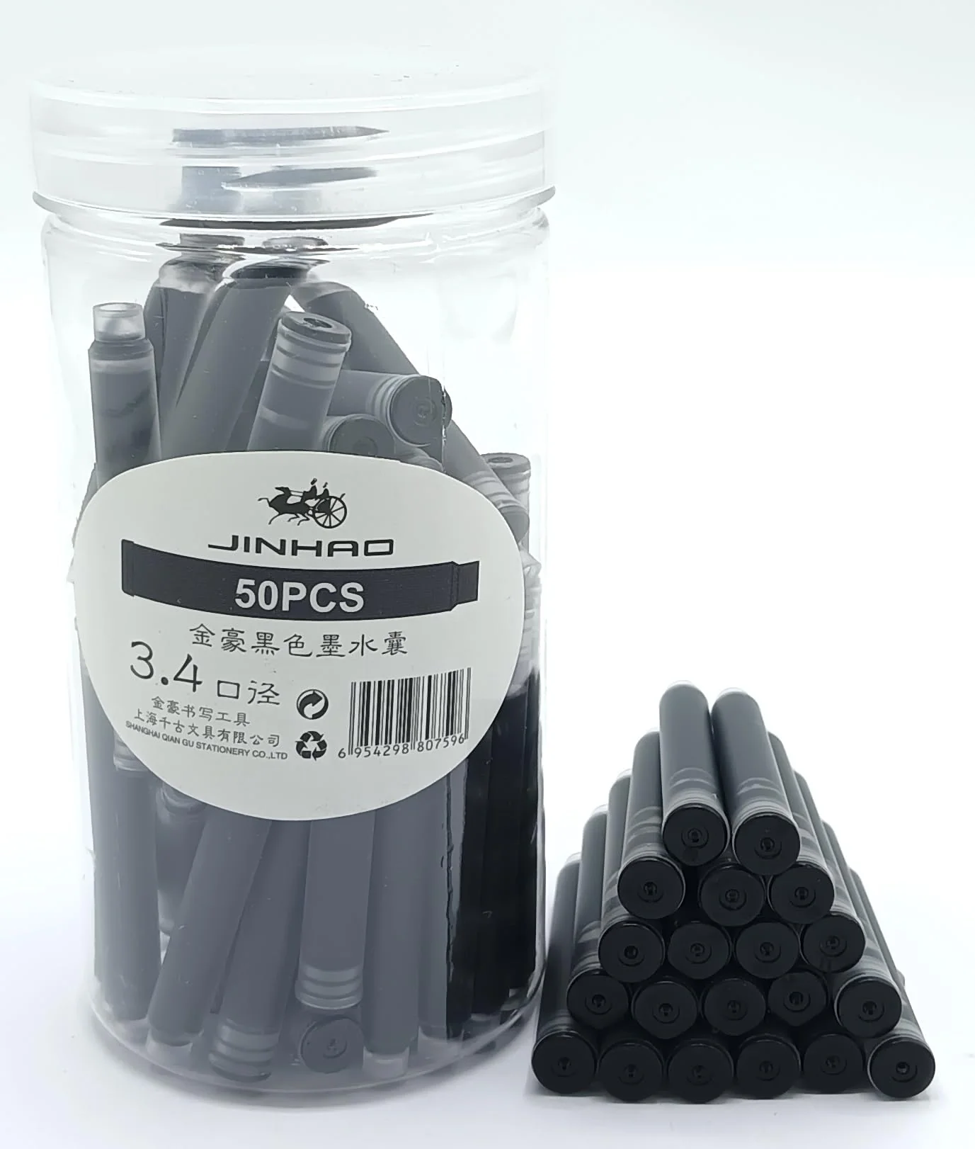 Jinhao Ink Cartridges Refills, Disposable and Universal – 3.4mm Bore Diameter 50Pcs Ink Cartridges Jar for School, Student, and Office (Black)