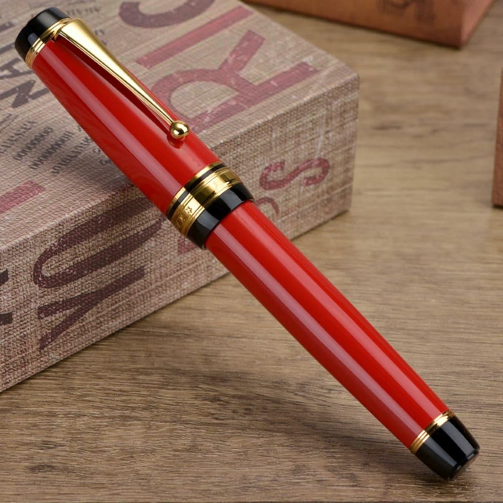 Jinhao Vermillion Red Fountain Pen - Fine Nib, Oversized Metal Body, Gold Trim & Clip - Image 2