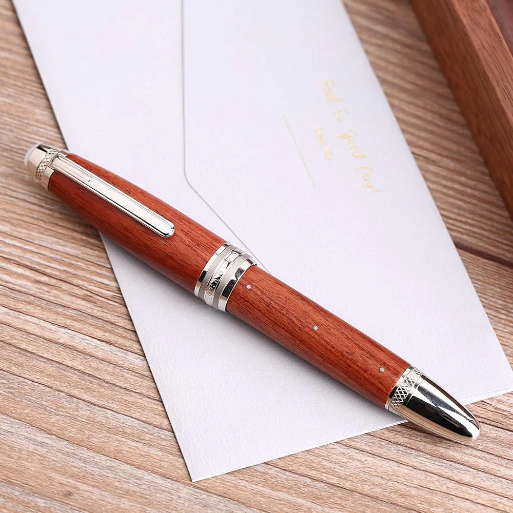 Moonman M1000 Handmade Rosewood Fountain Pen BOCK Fine Nib, Rivet Pearl Top Writing Pen Silver Clip Beautiful Writing Pen - Image 3