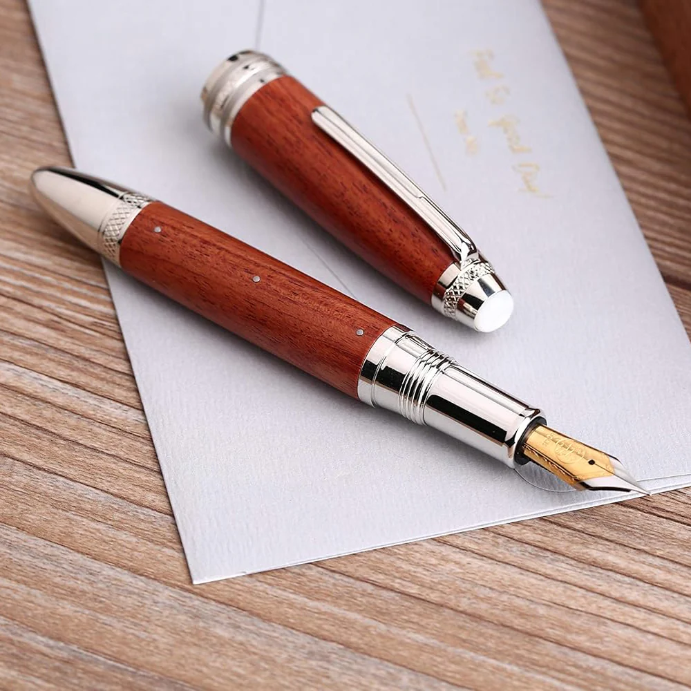 Moonman M1000 Handmade Rosewood Fountain Pen BOCK Fine Nib, Rivet Pearl Top Writing Pen Silver Clip Beautiful Writing Pen - Image 4