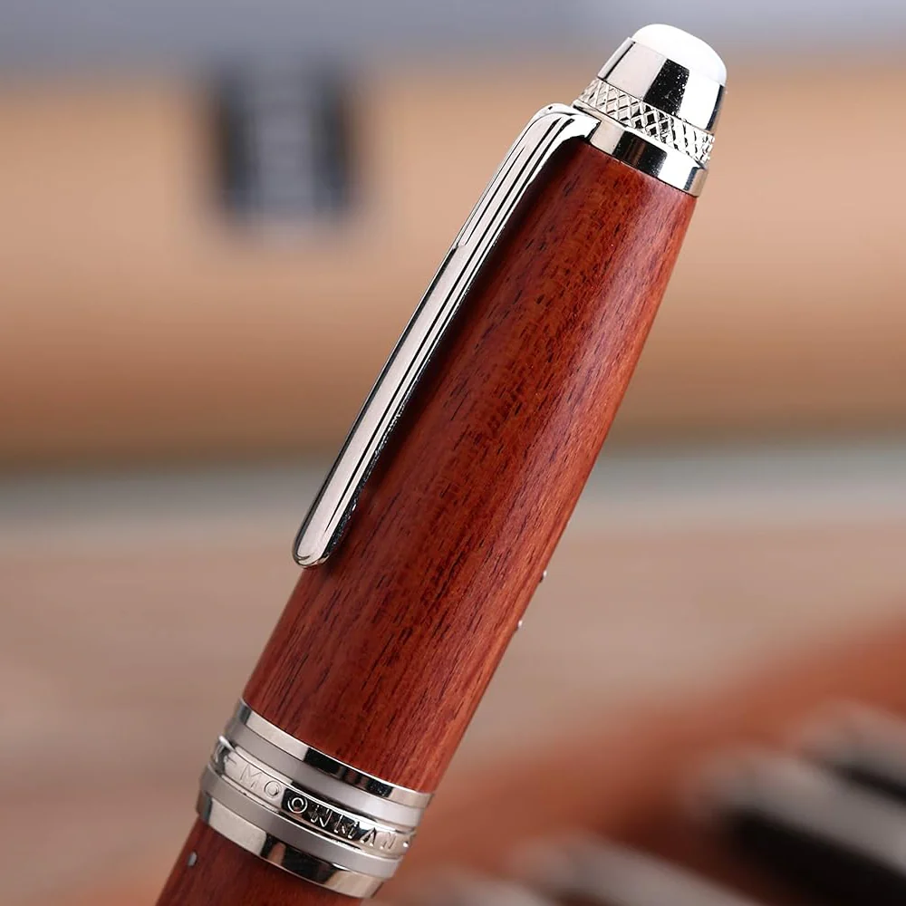 Moonman M1000 Handmade Rosewood Fountain Pen BOCK Fine Nib, Rivet Pearl Top Writing Pen Silver Clip Beautiful Writing Pen - Image 5