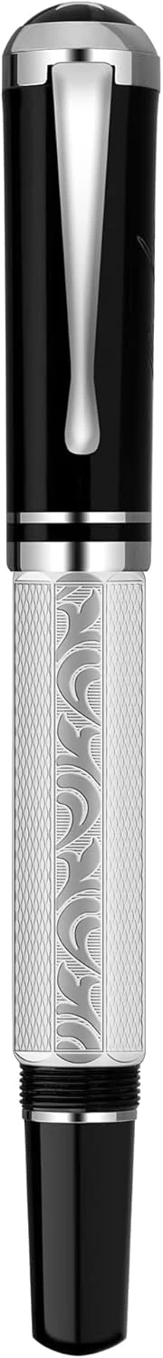 Moonman P138 Piston Fountain Pen Fine Nib with Box, Classic Silver Plated Octahedral Etching Pattern Writing Pen (Round Pen Cap Version)