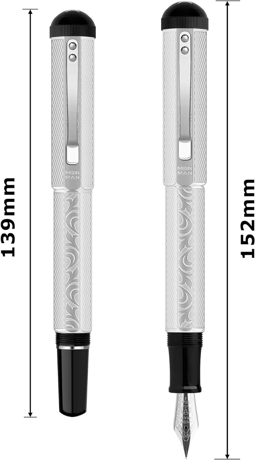 Moonman P138 Piston Fountain Pen Fine Nib with Box, Silver Plated Octahedral Etching Pattern Writing Pen Set (Square Pen Hat Version) - Image 5