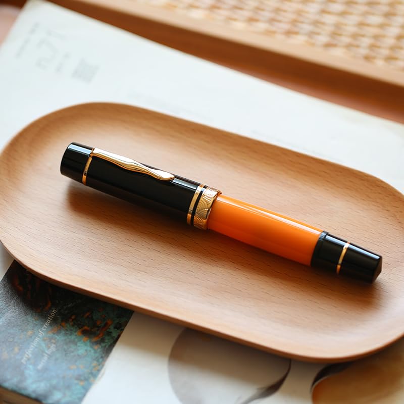 Moonman P139 Sun Carved Fountain Pen – Size 8 Nib, Brass Piston System, Large-Capacity Resin Body (Orange & Black) - Image 3