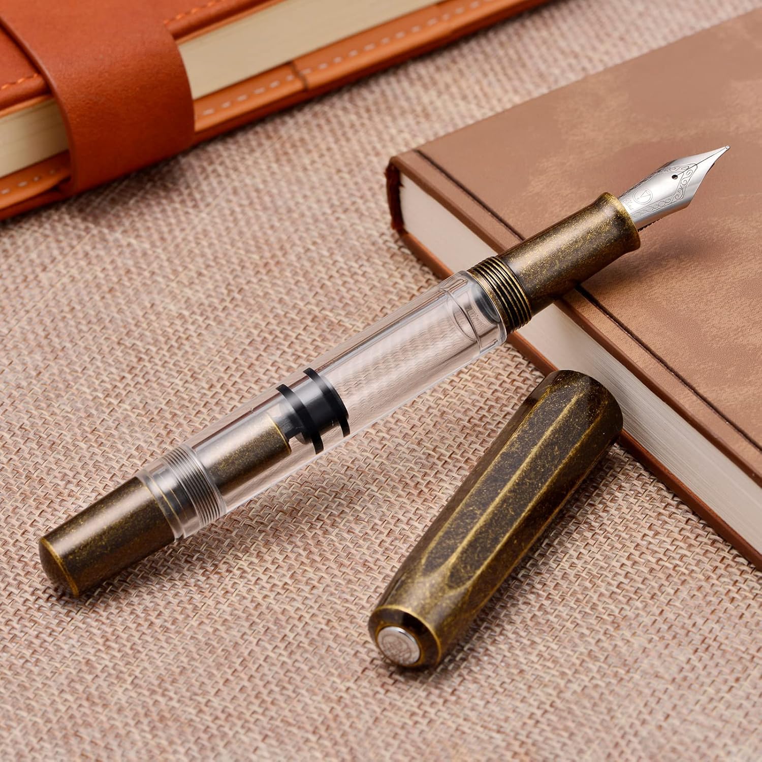 Moonman T1 Fountain Pen – Vintage Brass & Clear Body, Fine Nib, Piston Filling System, Clipless Design - Image 3