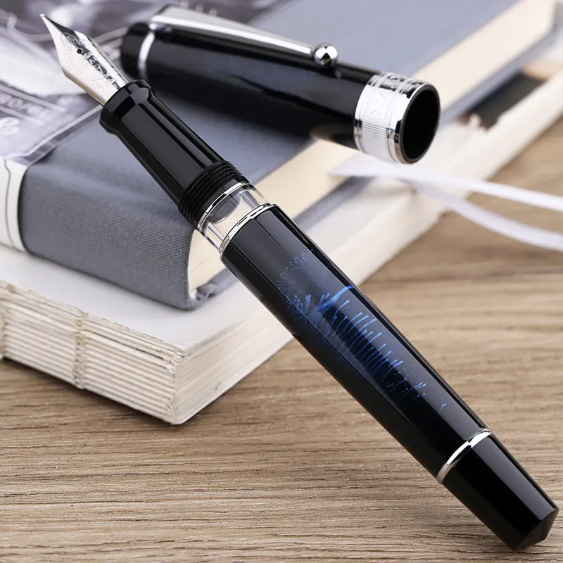 Moonman T5 Piston Fountain Pen – Blue Fireworks, Large Ink Capacity, Resin Body, Fine/Medium/Extra Fine Nib, Gift Box Included