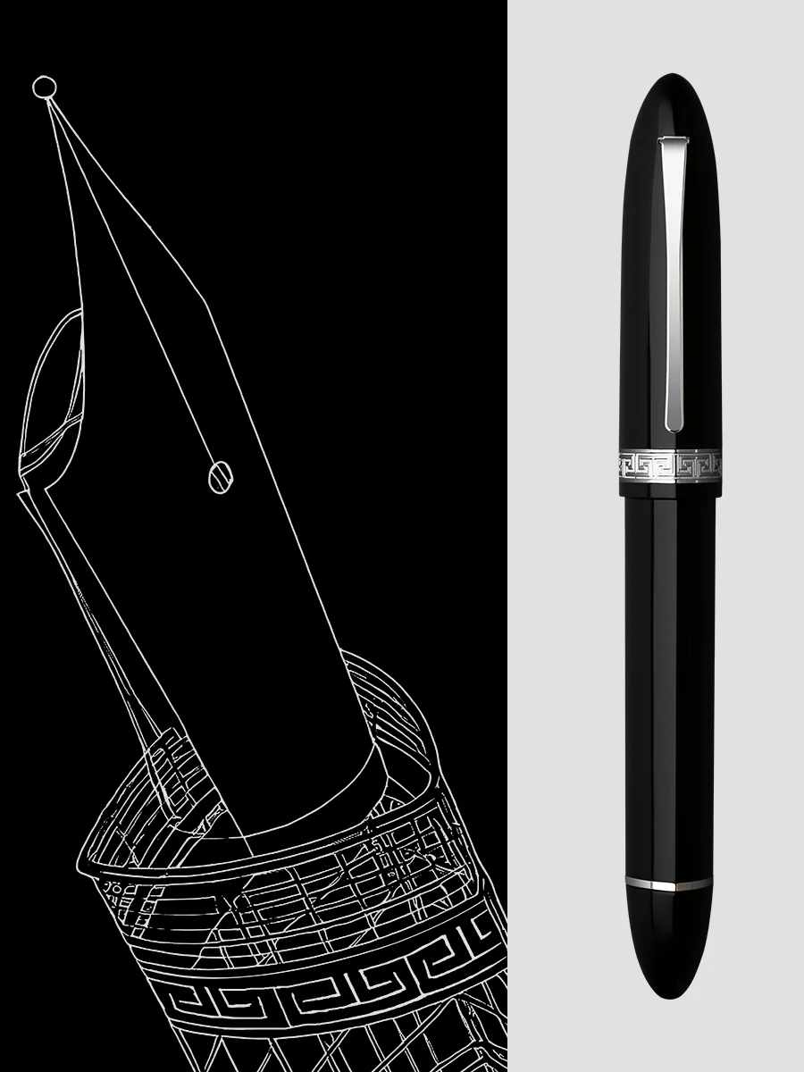Moonman V60 Triangular Piston Fountain Pen – Ergonomic Extra Fine Writing Instrument with Resin Body And Gift Box (Black With Silver Trim & Clip)