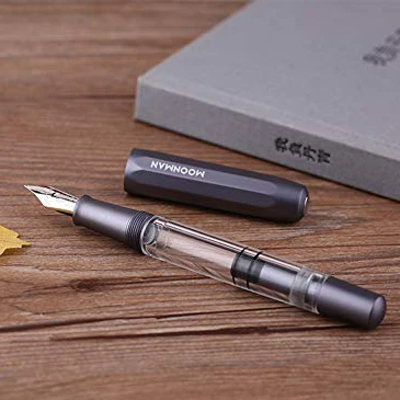 Moonman T1 Piston Fountain Pen 0.6 mm Fine Nib, Gray Aluminium Transparent Acrylic Large Ink Capacity Writing Pen Box