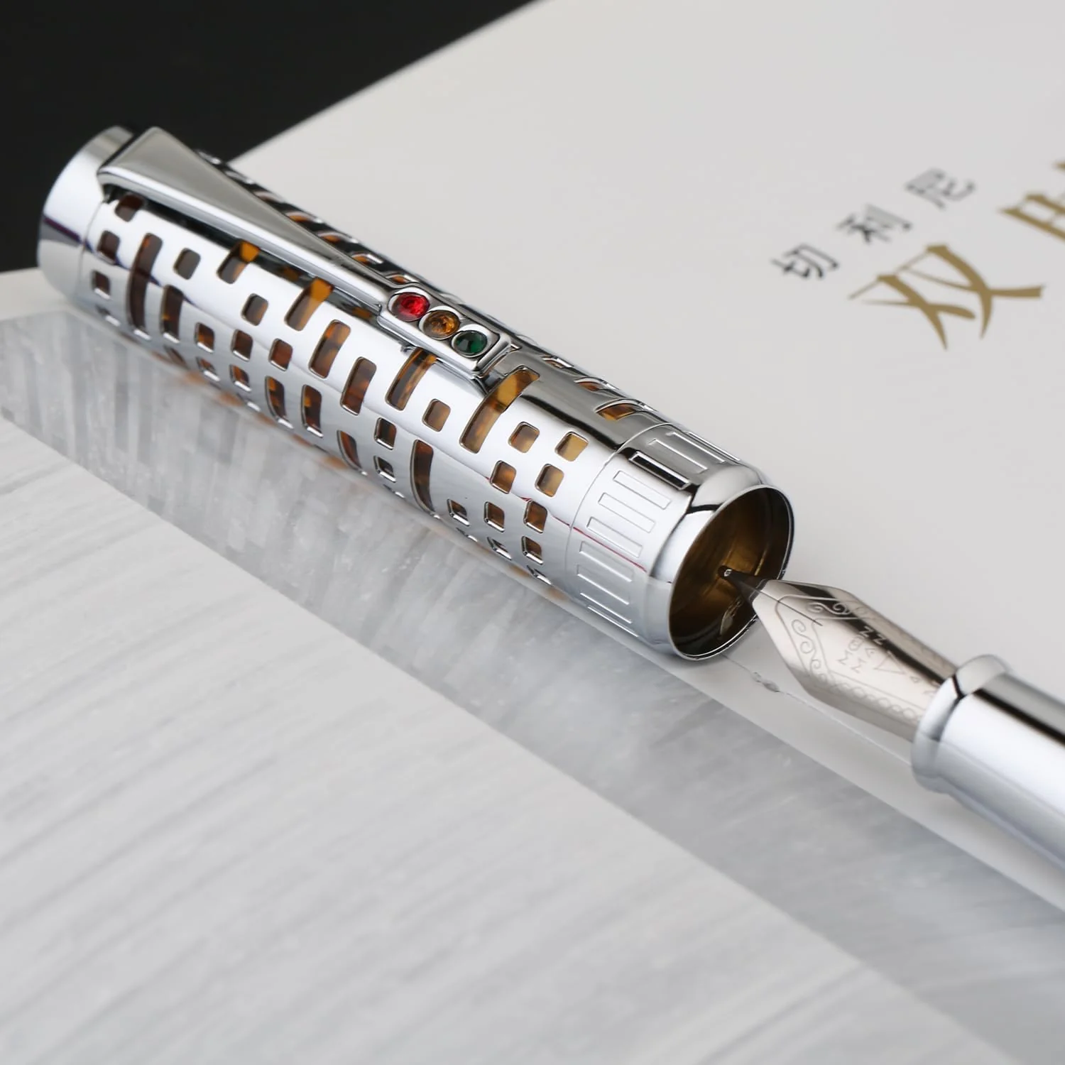 Moonman T6 City Lights Fountain Pen – Silver Skeleton Orange Acrylic Body, Extra Fine / Medium Nib, Piston Filling System - Image 3