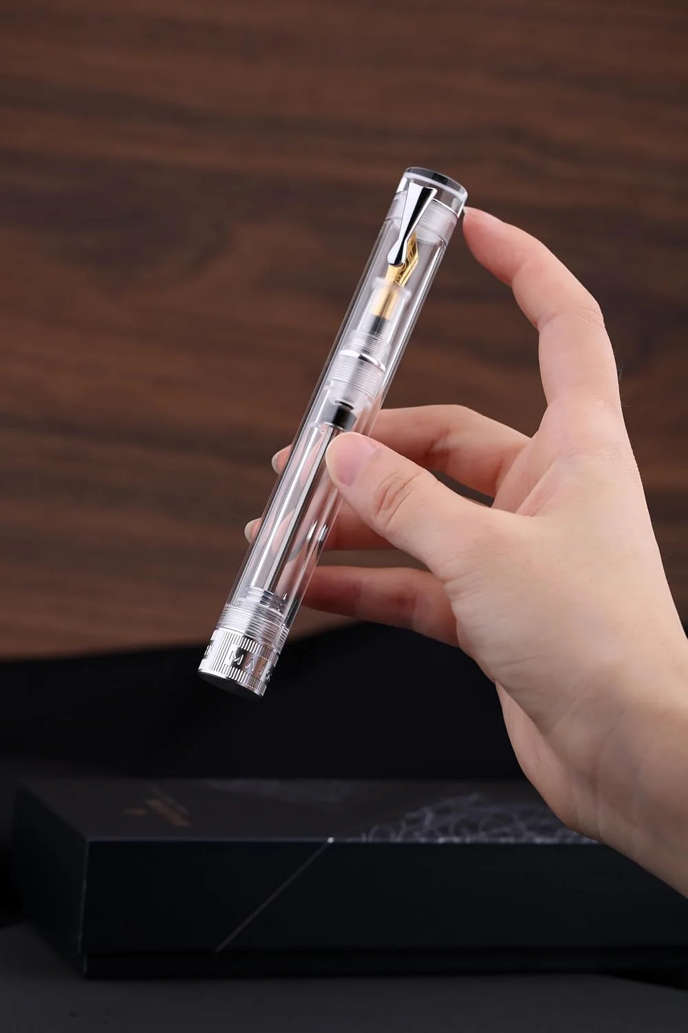 Moonman V1 Vacuum Filling Fountain Pen Extra Fine Nib, Transparent Acrylic Demonstration Writing Gift Pen with Box (Silver Clip) - Image 2