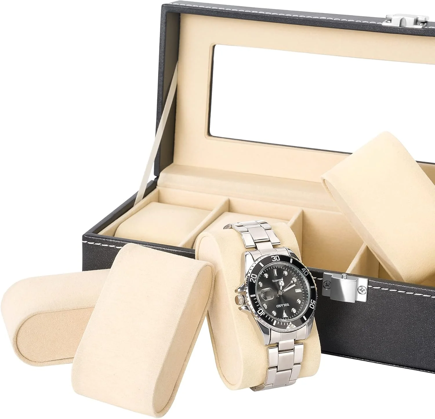 Watch Box – 3 Or 6 Slot Luxury Watch Storage Case with Glass Lid & Removable Watch Pillows - Image 4