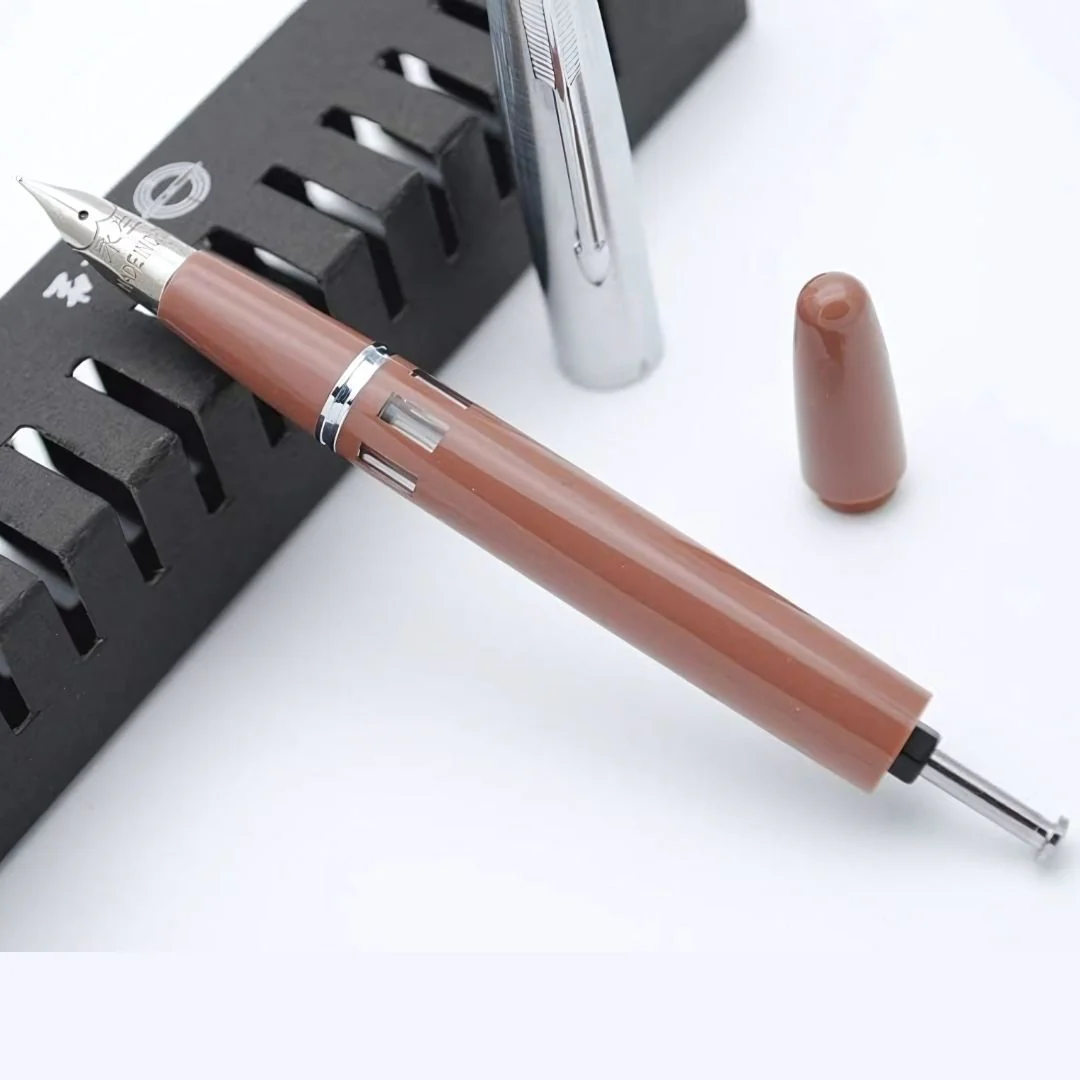 Wing Sung 601A Brown Steel Cap Vacumatic Fountain Pen with Ink Window – 0.5mm Fine Nib, Resin Body, Push-Cap with Converter & Box (No Ink) - Image 5