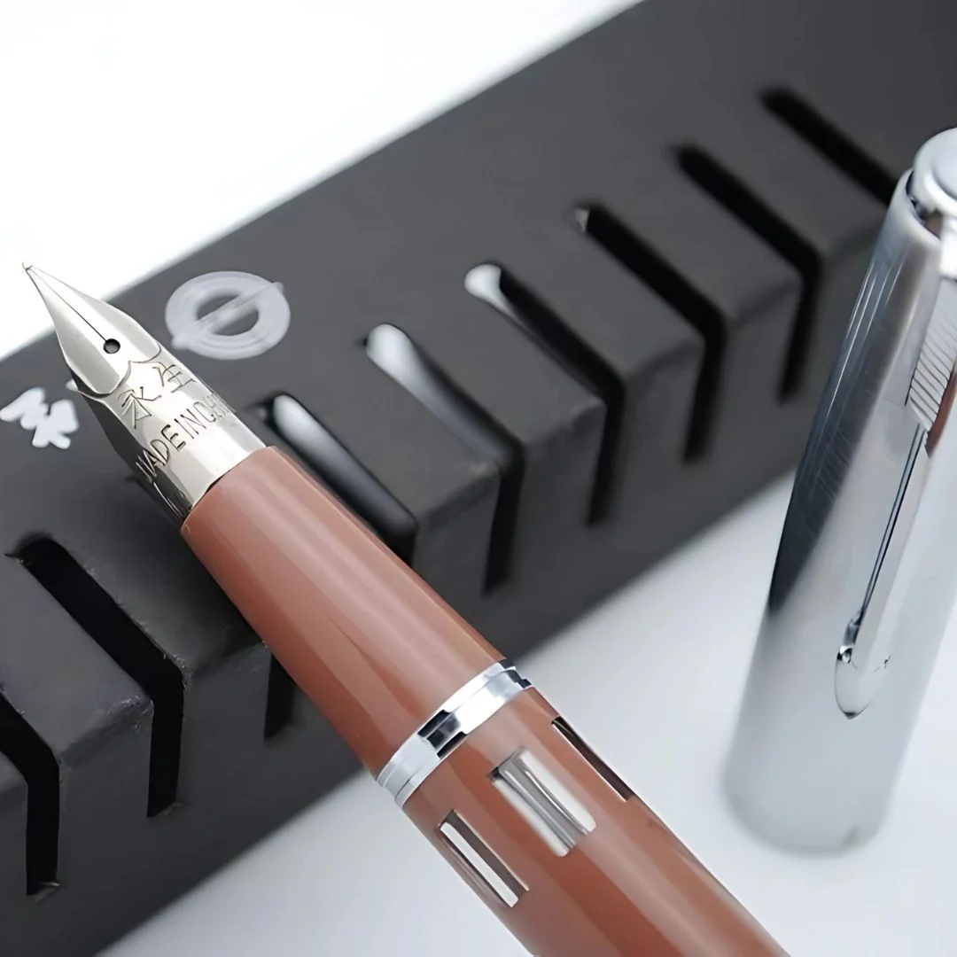 Wing Sung 601A Brown Steel Cap Vacumatic Fountain Pen with Ink Window – 0.5mm Fine Nib, Resin Body, Push-Cap with Converter & Box (No Ink) - Image 6