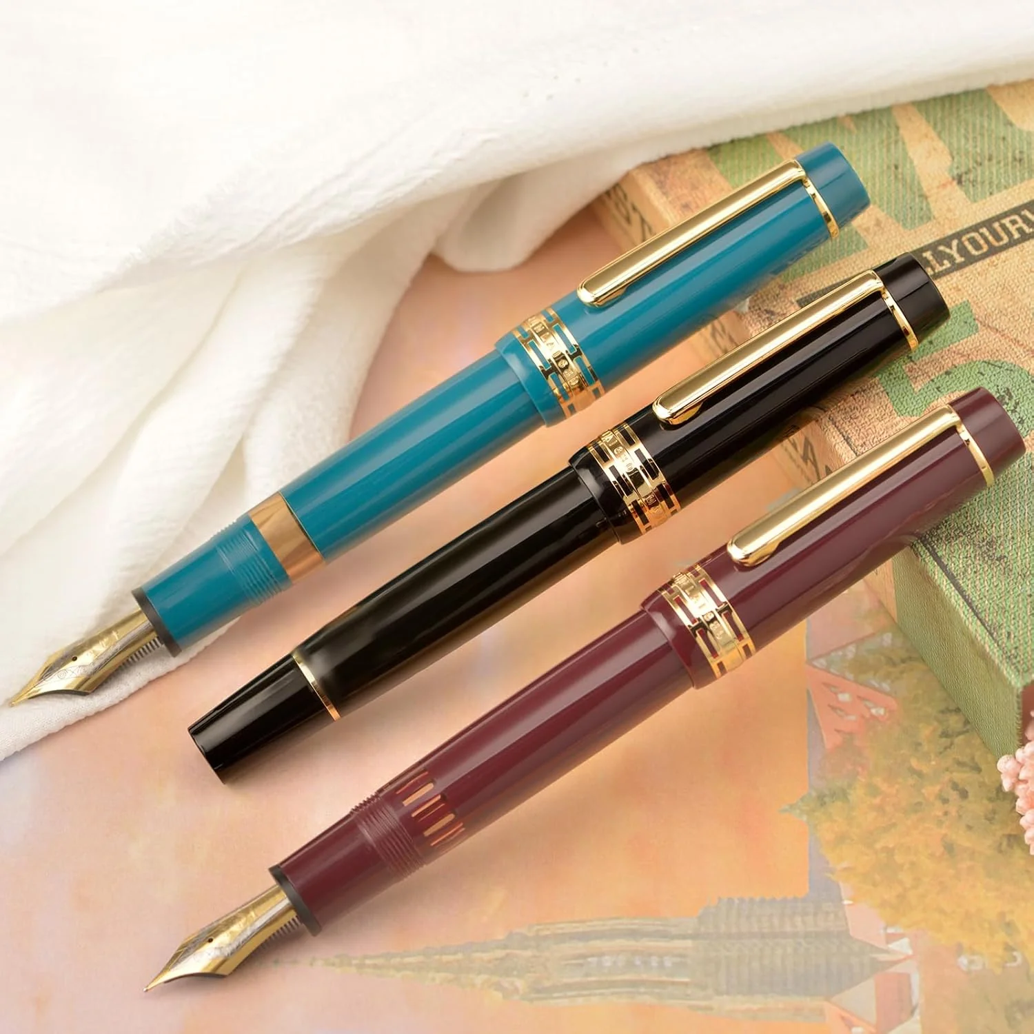 Wing Sung Junlai 630 Acrylic Fountain Pen – #8 Fine Nib, Piston Filling System, Flat Top Design, Blue-Green / Maroon / Piano Black (Transparent Ink Tank, Gold Trim)