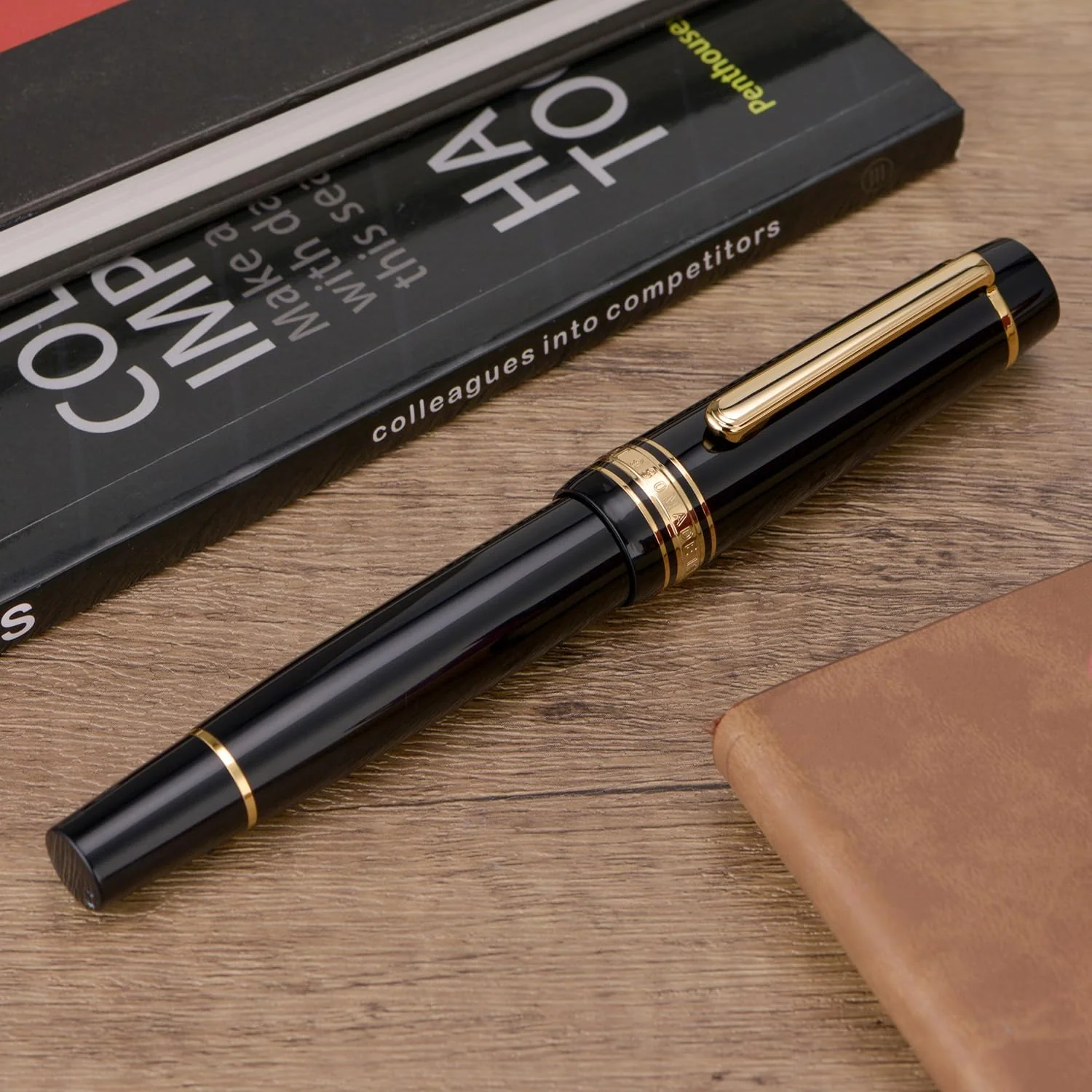 WingSung Junlai 930 Acrylic Fountain Pen – Flat Top Design with Piston Filling System, Size #9 Iridium Nib in Fine, Medium & Broad – Piano Black Fence Ink Tank with Gold Trim (No Ink)